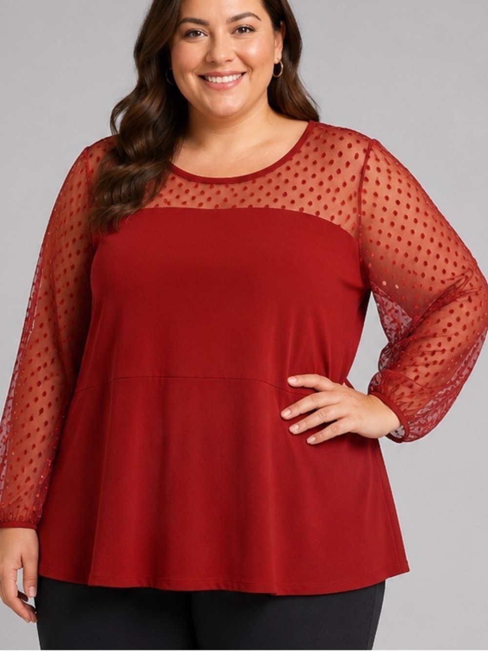 PENNINGTONS Red Mesh Swiss Dot Long Sleeve Peplum Top Plus Size 5X